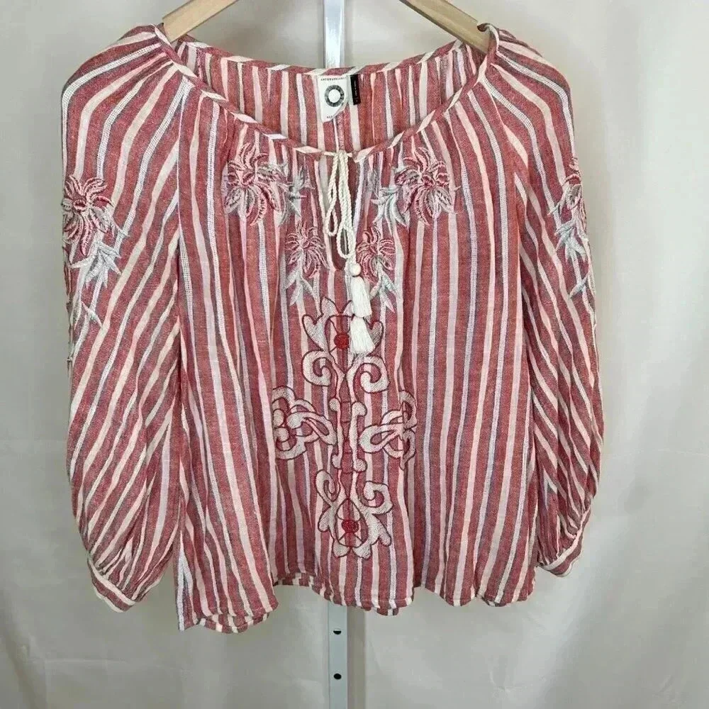 Anthropologie Akemi +Kin Audria Linen Size Small Striped Boho Blouse Top